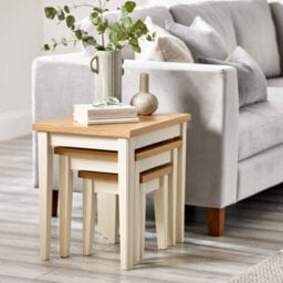 Furniturebox Uk Set Of 3 Wooden Nesting Tables - Eden Wood Nested Tables - Pale Oak Veneer Top - Solid Rubberwood Cream Frame - thumbnail 5