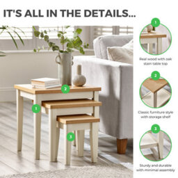 Furniturebox Uk Set Of 3 Wooden Nesting Tables - Eden Wood Nested Tables - Pale Oak Veneer Top - Solid Rubberwood Cream Frame - thumbnail 7