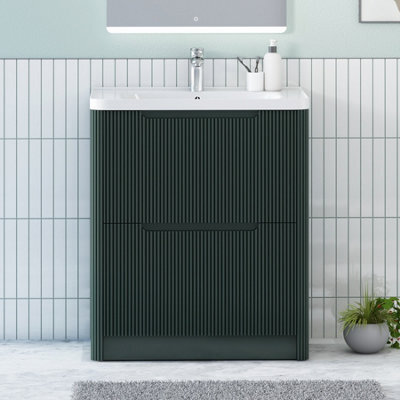 Royal Bathrooms Avenza 700mm Fluted Floor Standing Vanity Unit Deep Moss Green 2 Drawer Storage Cabinet With Ceramic Basin - image 1