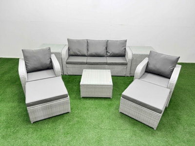 Fimous Pe Rattan Garden Furniture Set Reclining Chair Lounge Sofa Set Square Coffee Table 2 Side Table 2 Big Footstool Light Grey - image 1