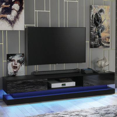Bloom Tv Unit 180Cm Black With High Gloss Doors And Led Lighting - Creative Furniture - image 1