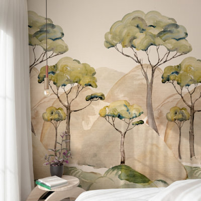Grandeco Watercolour Ravello Trees Mountain Landscape 3 Panel Repeatable Mural 1.59 X 2.8M, Green Beige - image 1