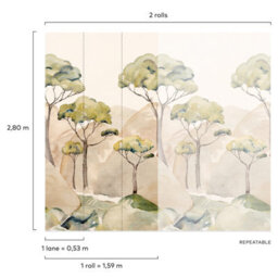 Grandeco Watercolour Ravello Trees Mountain Landscape 3 Panel Repeatable Mural 1.59 X 2.8M, Green Beige - thumbnail 2