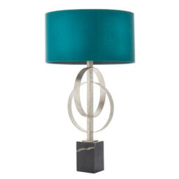 Antique Silver Table Lamp & Teal Satin Shade - Black Marble Base Desk Light - thumbnail 1