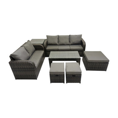 Fimous Rattan Garden Outdoor Furniture Set 3 Seater Sofa Love Sofa Coffee Table With 3 Footstools Side Table Dark Grey Mixed - image 1
