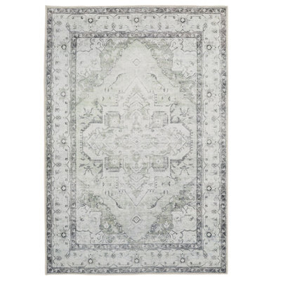 Loomed Silver Grey Green Distressed Bordered Medallion Anti Slip Washable Rug 200X290Cm - image 1