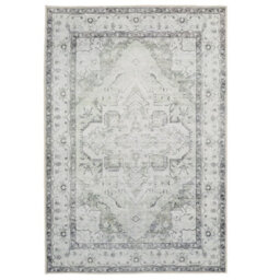 Loomed Silver Grey Green Distressed Bordered Medallion Anti Slip Washable Rug 200X290Cm - thumbnail 1