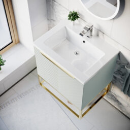 Nes Home 600mm Wall Hung Green Drawers Basin Vanity Brushed Brass Frame & Handle - thumbnail 3