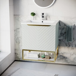 Nes Home 600mm Wall Hung Green Drawers Basin Vanity Brushed Brass Frame & Handle - thumbnail 2