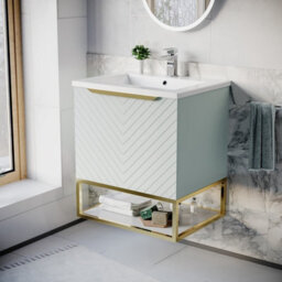 Nes Home 600mm Wall Hung Green Drawers Basin Vanity Brushed Brass Frame & Handle - thumbnail 1