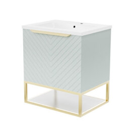 Nes Home 600mm Wall Hung Green Drawers Basin Vanity Brushed Brass Frame & Handle - thumbnail 5
