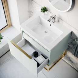 Nes Home 600mm Wall Hung Green Drawers Basin Vanity Brushed Brass Frame & Handle - thumbnail 4