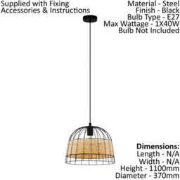 Stylish Black & Wicker Ceiling Pendant Light For Hallways - thumbnail 2