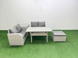 Fimous 5 Seater Outdoor Love Sofa Set Rattan Garden Furniture Set Rectangular Dining Table Big Footstool Side Table Light Grey - thumbnail 1