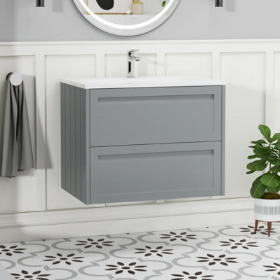 Royal Bathrooms Elmore 700mm Traditional Wall Hung 2 Drawer Bathroom Vanity Unit With Matt Stone Basin Sink - Matt Pebble Grey - image 1