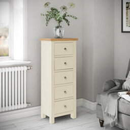 Farro Cream 5 Drawer Tallboy Chest Fully Assembled - Painted With Oak Top By Roseland Furniture - thumbnail 3
