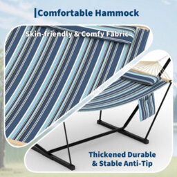 Hammock With Steel Stand, Wooden Spreader Bar, Detachable Pillow & Carry Bag, 450Lbs Capacity For Outdoor Patio Garden Beach - thumbnail 5