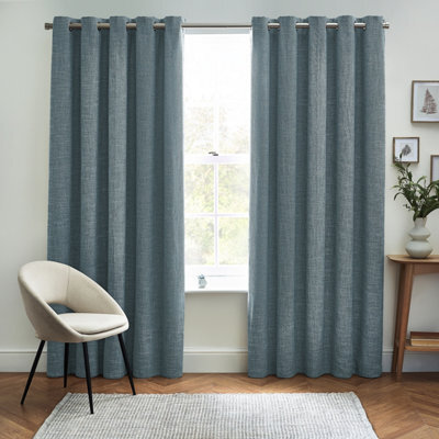 furn. Elisa Blue Slub Lined Eyelet Curtains (W)228Cm (L)228Cm, Pair