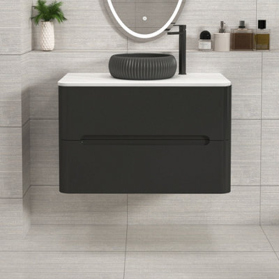 Royal Bathrooms Venice 800mm Matt Nocturne Black Wall Mounted Bathroom Countertop Vanity Unit 2 Drawer With Milan Black Basin - image 1
