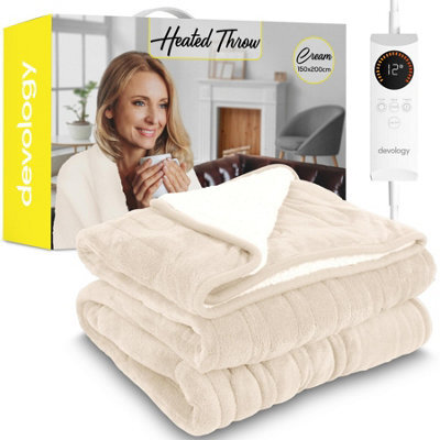 Devology Heated Throw - Electric Blanket - Digital Controller - 6 Settings, Machine Washable - Double 150X200Cm - Cream Shearling - image 1