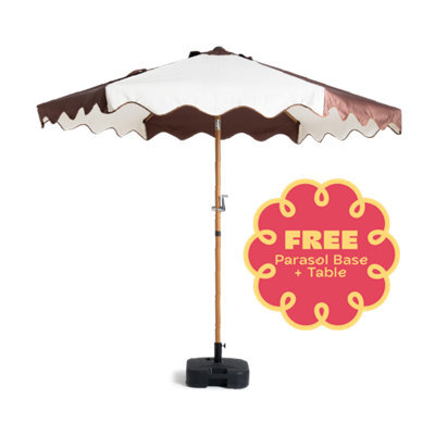 Hayward 2.7M Garden Parasol With Base & Cover, Brown Stripe Scalloped Edge Uv50 Tilt Patio Umbrella With Aluminium Pole - image 1