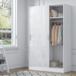 Reflect 2 Door Sliding Wardrobe - White Gloss & Matt White - Hanging Rails & Shelves - H:180Cm X W:120Cm X D: 58Cm - Modern Design - thumbnail 2