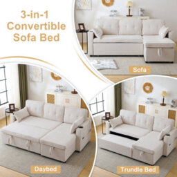 3-In-1 Convertible Sofa Bed With Internal Storage Chaise, L Shaped Sleeper Sofa Couches With Cup Holders, Beige - thumbnail 3