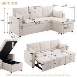 3-In-1 Convertible Sofa Bed With Internal Storage Chaise, L Shaped Sleeper Sofa Couches With Cup Holders, Beige - thumbnail 2