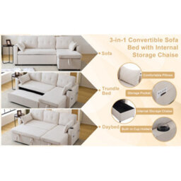 3-In-1 Convertible Sofa Bed With Internal Storage Chaise, L Shaped Sleeper Sofa Couches With Cup Holders, Beige - thumbnail 5