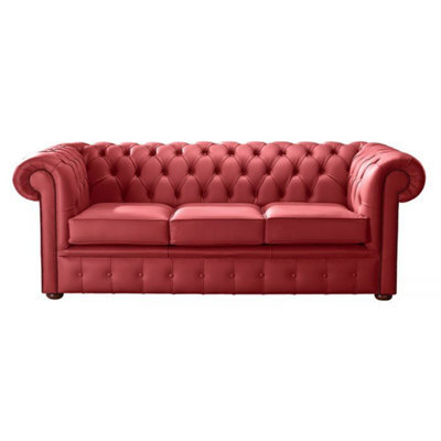 Chesterfield 3 Seater Shelly Poppy Red Leather Sofa Bespoke In Classic Style - image 1