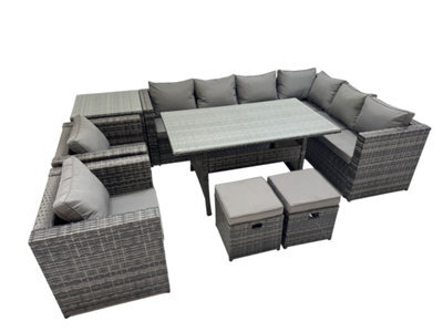 Fimous Rattan Garden Furniture Set Outdoor 10 Seater Patio Corner Sofa Sets With Table 2 Chairs 2 Small Stool Side Table Dark Grey - image 1