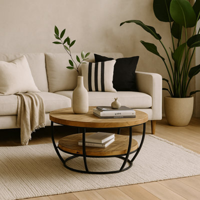 Wyld Haus California Round Mango Wood And Black Metal Coffee Table With Shelf - image 1