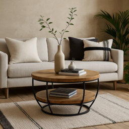 Wyld Haus California Round Mango Wood And Black Metal Coffee Table With Shelf - thumbnail 2