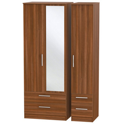 Trent Tall Triple 4 Drawer Mirror Wardrobe In Noche Walnut (Ready Assembled)