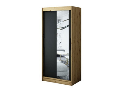 Arte Leto T2 Contemporary 2 Sliding Mirror Door Wardrobe 5 Shelves 2 Rails Black Matt And Oak Effect (H)2000mm (W)1000mm (D)620mm - image 1
