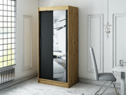 Arte Leto T2 Contemporary 2 Sliding Mirror Door Wardrobe 5 Shelves 2 Rails Black Matt And Oak Effect (H)2000mm (W)1000mm (D)620mm - thumbnail 2
