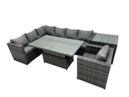 Fimous 7-Seater Height Adjustable Rising Lifting Table Corner Sofa Set Rattan Garden Furniture Dining Set With Side Table - thumbnail 1