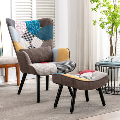 Homemiyn Patchwork Fabric Single-Seater Sofa With Matching Brown Cushion And Footstool For Living Room, Bedroom - image 1