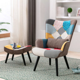 Homemiyn Patchwork Fabric Single-Seater Sofa With Matching Brown Cushion And Footstool For Living Room, Bedroom - thumbnail 2