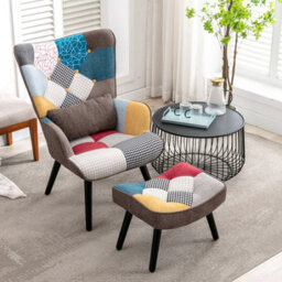 Homemiyn Patchwork Fabric Single-Seater Sofa With Matching Brown Cushion And Footstool For Living Room, Bedroom - thumbnail 3