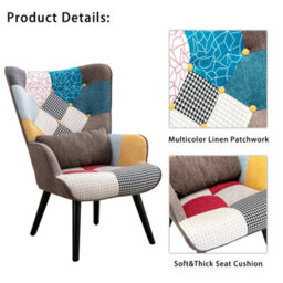 Homemiyn Patchwork Fabric Single-Seater Sofa With Matching Brown Cushion And Footstool For Living Room, Bedroom - thumbnail 4