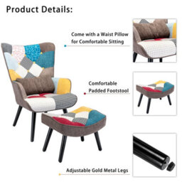 Homemiyn Patchwork Fabric Single-Seater Sofa With Matching Brown Cushion And Footstool For Living Room, Bedroom - thumbnail 5