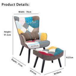 Homemiyn Patchwork Fabric Single-Seater Sofa With Matching Brown Cushion And Footstool For Living Room, Bedroom - thumbnail 6