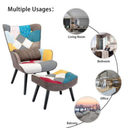 Homemiyn Patchwork Fabric Single-Seater Sofa With Matching Brown Cushion And Footstool For Living Room, Bedroom - thumbnail 7