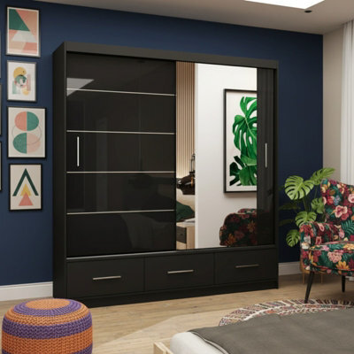 Florence Sliding Wardrobe With Mirror Versatile Freestanding Storage Unit For Bedroom Or Living Room Black Semi Gloss With Mirror - image 1