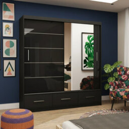 Florence Sliding Wardrobe With Mirror Versatile Freestanding Storage Unit For Bedroom Or Living Room Black Semi Gloss With Mirror - thumbnail 1