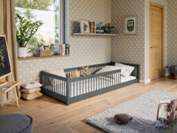Arte Montessori Wooden Single Bed Pedro Eu Single - Floor-Hugging Graphite Pine, All-Side Spindles & Slat Kit Included - thumbnail 1