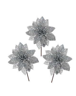 Werchristmas Set Of 3 Silver Glitter Artificial Poinsettia Flowers, 15 Cm - image 1