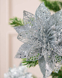 Werchristmas Set Of 3 Silver Glitter Artificial Poinsettia Flowers, 15 Cm - thumbnail 4