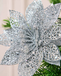 Werchristmas Set Of 3 Silver Glitter Artificial Poinsettia Flowers, 15 Cm - thumbnail 3